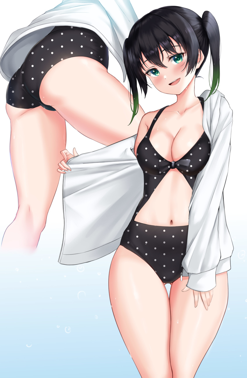1girl absurdres ass ass_visible_through_thighs black_hair black_swimsuit blue_background breasts casual_one-piece_swimsuit cleavage commentary_request cowboy_shot gradient gradient_background green_eyes highres jacket long_hair looking_at_viewer love_live! love_live!_nijigasaki_high_school_idol_club medium_breasts medium_hair multiple_views navel one-piece_swimsuit open_clothes open_jacket polka_dot polka_dot_swimsuit rama_(yu-light8) swimsuit takasaki_yuu thigh_gap white_background white_jacket