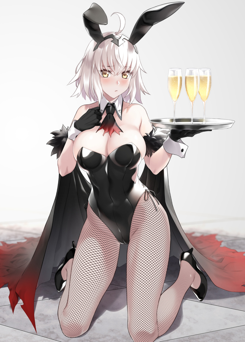 1girl ahoge alcohol animal_ears bangs bare_shoulders black_footwear black_gloves black_leotard blush bow breasts bunny_ears bunny_girl champagne cleavage covered_navel cup detached_collar drinking_glass fake_animal_ears fate/grand_order fate_(series) fishnet_legwear fishnets gloves high_heels highres holding jeanne_d'arc_(alter)_(fate) jeanne_d'arc_(fate)_(all) kneeling large_breasts leotard long_hair looking_at_viewer pantyhose playboy_bunny prime side-tie_leotard silver_hair skindentation solo strapless strapless_leotard tray wrist_cuffs yellow_eyes