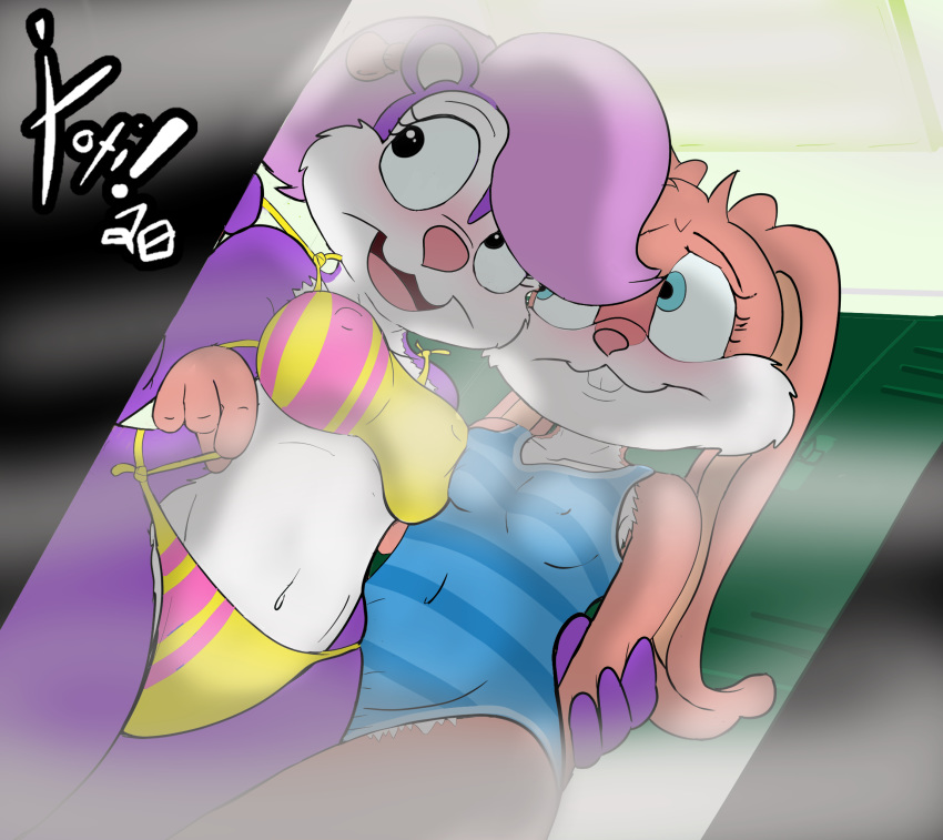 2020 anthro babs_bunny bikini blue_eyes blush breasts clothed clothing duo female female/female fifi_la_fume fur hair hi_res lagomorph leporid locker_room looney_tunes mammal mephitid multicolored_body multicolored_fur navel nipple_outline pink_body pink_fur pink_nose purple_body purple_fur purple_hair rabbit signature skunk steam swimwear tiny_toon_adventures tongue tongue_out two_tone_body two_tone_fur undressing warner_brothers white_body white_fur xoti_(artist)