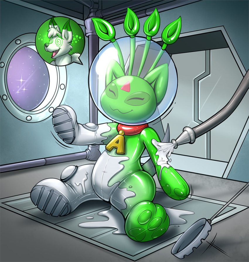 2020 after_transformation aisha_(neopets) alien ambiguous_gender antennae_(anatomy) anthro astronaut biped canid canine clothing collar costume detailed_background digital_drawing_(artwork) digital_media_(artwork) dipstick_ears felid fur glistening green_body green_fur green_nose green_pawpads hi_res hindpaw hypnosis jumpstart_games latex_transformation mammal markings mind_control multicolored_ears neopet_(species) neopets open_mouth pawpads paws red_collar redflare500 rubber sharp_teeth smile solo space spiral_eyes teeth toony transformation video_games white_body white_fur window