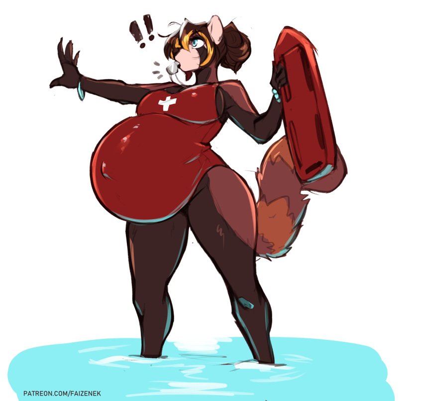 absurd_res ailurid anthro belly big_belly big_breasts breasts clothed clothing female hi_res hyper hyper_belly lifeguard mammal one-piece_swimsuit partially_submerged pregnant red_panda solo swimwear text the_dogsmith url