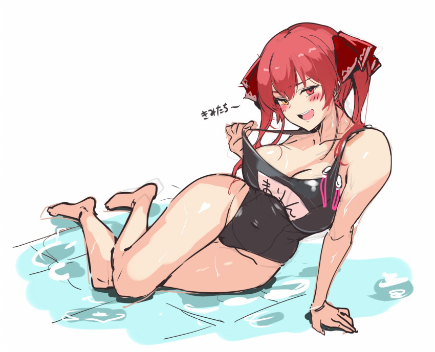 adjusting_clothes adjusting_swimsuit bare_shoulders breasts goggles heterochromia highleg highleg_swimsuit highres hololive houshou_marine kakage large_breasts lying name_tag navel on_side red_hair school_swimsuit swimsuit twintails