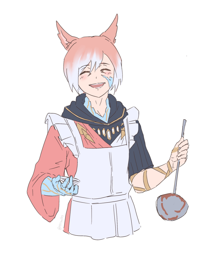 1boy 45liza109 absurdres animal_ears apron blush cat_ears closed_eyes crystal crystal_exarch eyebrows_visible_through_hair facial_mark final_fantasy final_fantasy_xiv g'raha_tia grey_hair hair_between_eyes highres holding holding_ladle ladle male_focus miqo'te multicolored multicolored_hair open_mouth red_eyes red_hair simple_background slit_pupils smile solo teeth twitter_username white_apron white_background