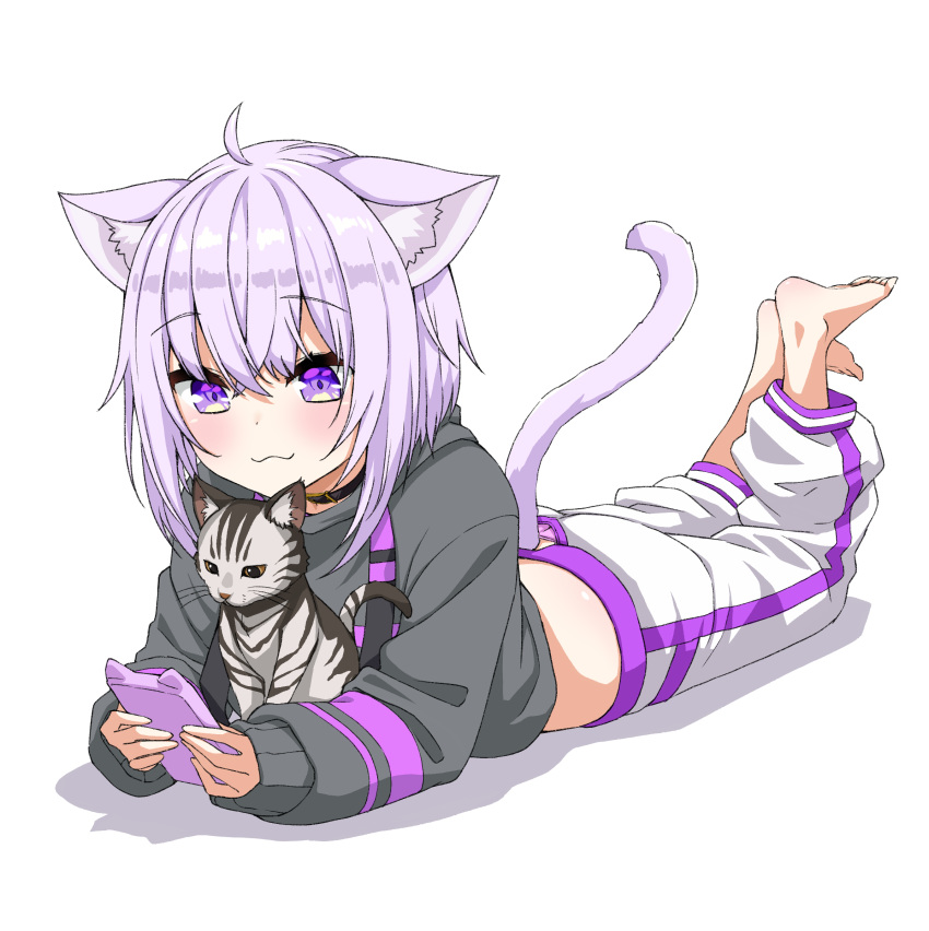 1girl :3 absurdres ahoge animal_ear_fluff animal_ears asanaya barefoot black_shirt cat cat_ears cat_tail cellphone clothing_cutout collar feet highres hololive legs_up lying midriff nekomata_okayu on_stomach panties pants panty_peek phone pink_panties purple_eyes purple_hair shirt short_hair simple_background smartphone smile tail tail_cutout temari toes underwear virtual_youtuber white_background white_pants