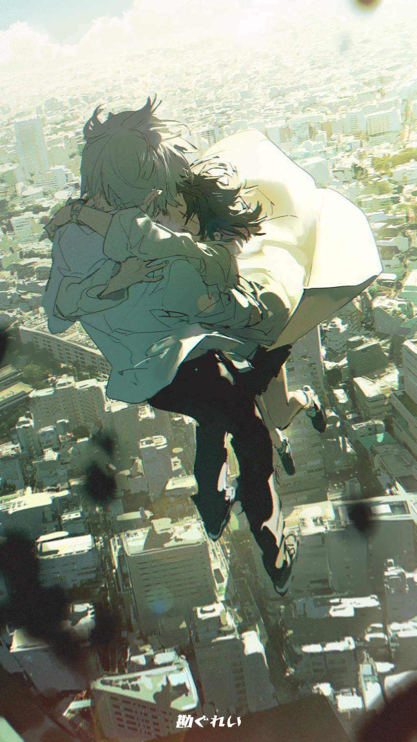 1boy 1girl black_hair building closed_eyes compass couple falling floating hetero highres labcoat outdoors rella short_hair skirt translated white_hair wrist_compass zutto_mayonaka_de_ii_no_ni