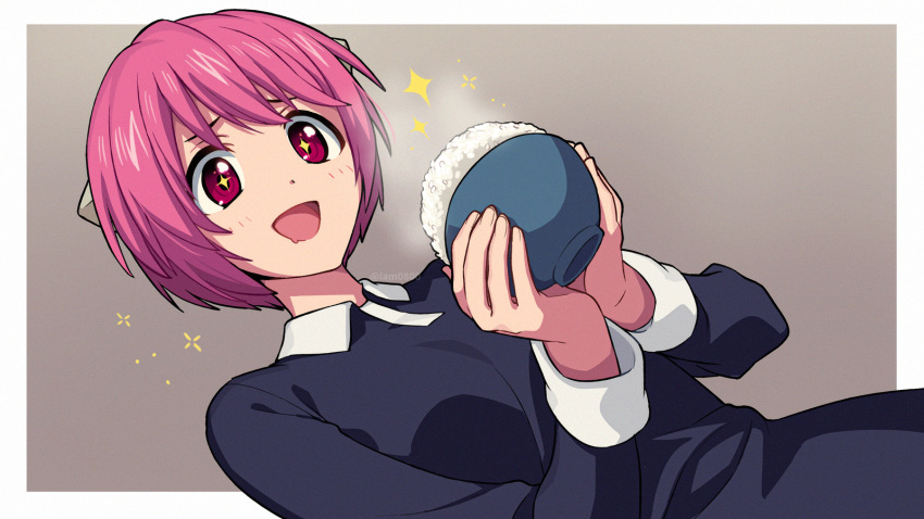 1girl :d bangs black_dress blush border bowl breasts collared_dress commentary dress dutch_angle elfen_lied food grey_background highres holding holding_bowl horns hungry long_sleeves looking_down mouth_drool nana_(elfen_lied) open_mouth outside_border pink_eyes pink_hair rice rice_bowl sayshownen short_hair smile solo sparkle sparkling_eyes steam twitter_username upper_body watermark white_border