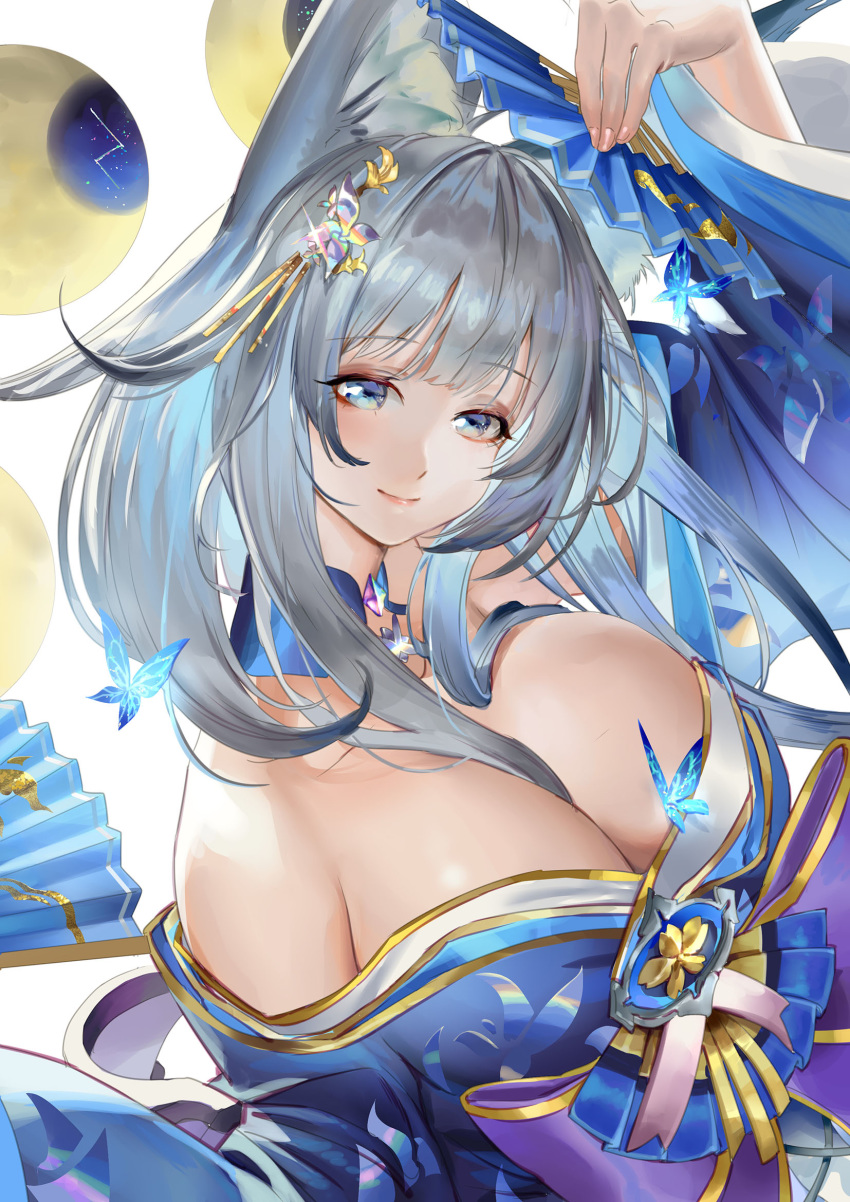 1girl animal_ear_fluff animal_ears arm_up azur_lane bangs bare_shoulders between_breasts blue_butterfly blue_eyes blue_kimono breasts bug butterfly cleavage closed_mouth detached_collar eyebrows_visible_through_hair fan fingernails folding_fan fox_ears fox_girl glint hair_between_breasts hair_ornament highres holding holding_fan insect japanese_clothes jujumaho_(nanigaxila) kimono large_breasts long_hair long_sleeves looking_at_viewer moon off-shoulder_kimono shinano_(azur_lane) shiny shiny_hair silver_hair smile solo upper_body white_background wide_sleeves