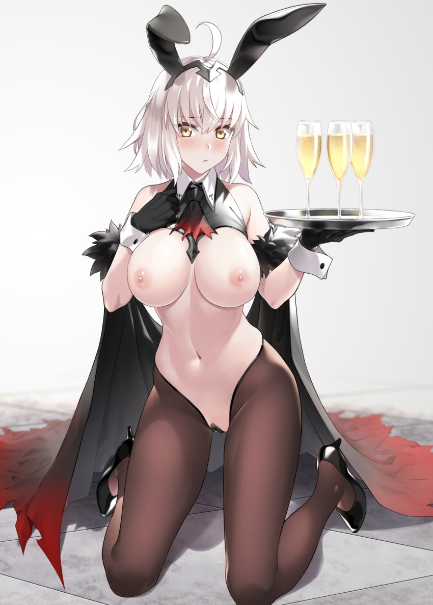 1girl ahoge alcohol animal_ears areolae bangs bare_shoulders black_footwear black_gloves blush breasts brown_legwear bunny_ears bunny_girl champagne commentary_request cup detached_collar drinking_glass eyebrows_visible_through_hair fake_animal_ears fate/grand_order fate_(series) gloves heart_pasties high_heels highres holding jeanne_d'arc_(alter)_(fate) jeanne_d'arc_(fate)_(all) kneeling large_breasts leotard looking_at_viewer meme_attire navel nipples pasties playboy_bunny prime revealing_clothes reverse_bunnysuit reverse_outfit silver_hair solo tray wrist_cuffs yellow_eyes