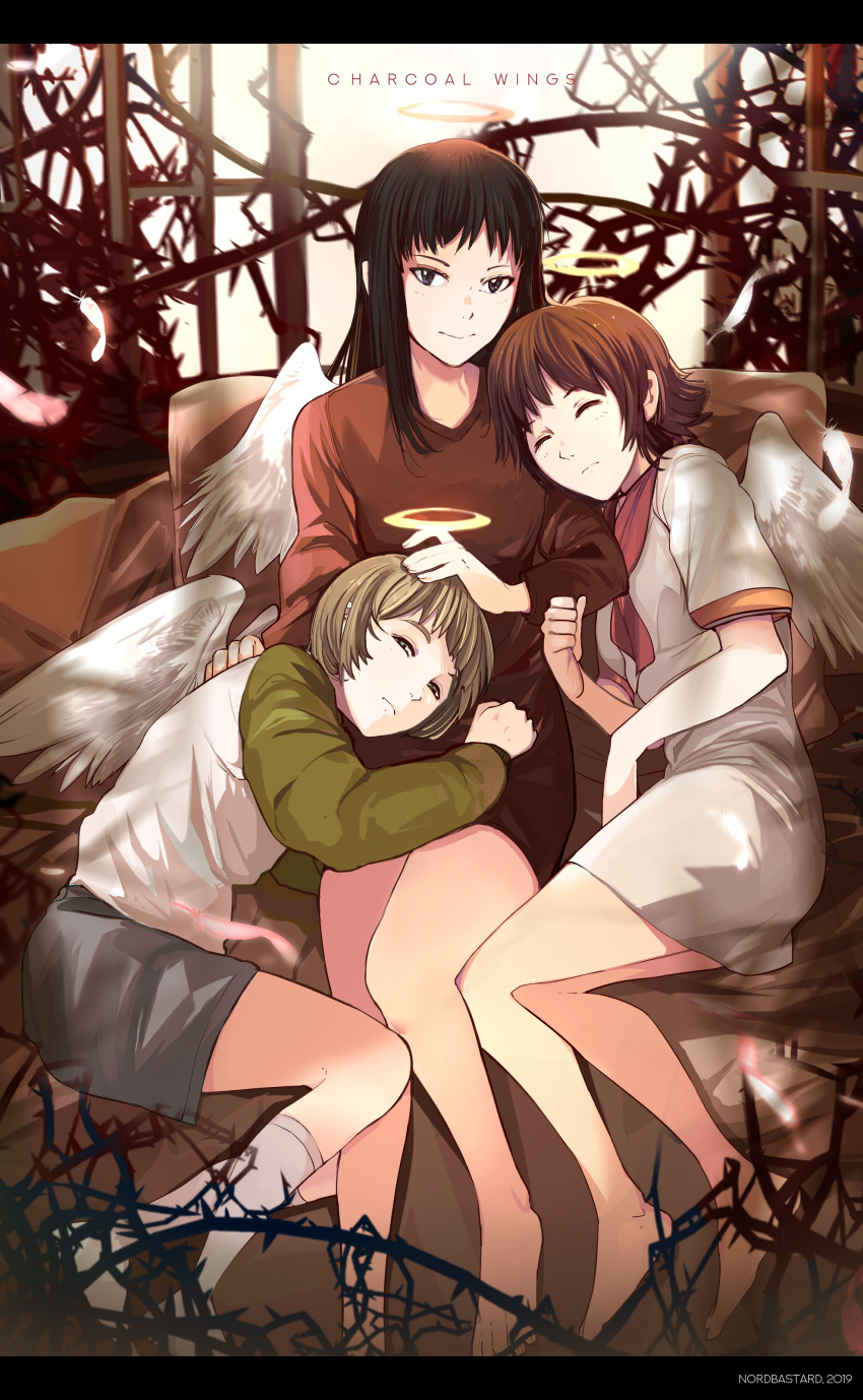 3girls absurdres arcsinus artist_name bangs barefoot black_hair blonde_hair blue_eyes brown_hair closed_eyes closed_mouth dated dress feathers full_body green_eyes grey_shorts grey_wings haibane_renmei half-closed_eyes halo hand_on_another's_head highres kuu lap_pillow leaning_on_person letterboxed long_hair long_sleeves looking_at_viewer multiple_girls raglan_sleeves rakka reclining red_shirt reki sailor_collar shirt short_dress short_hair short_sleeves shorts sitting socks thorns white_legwear wings