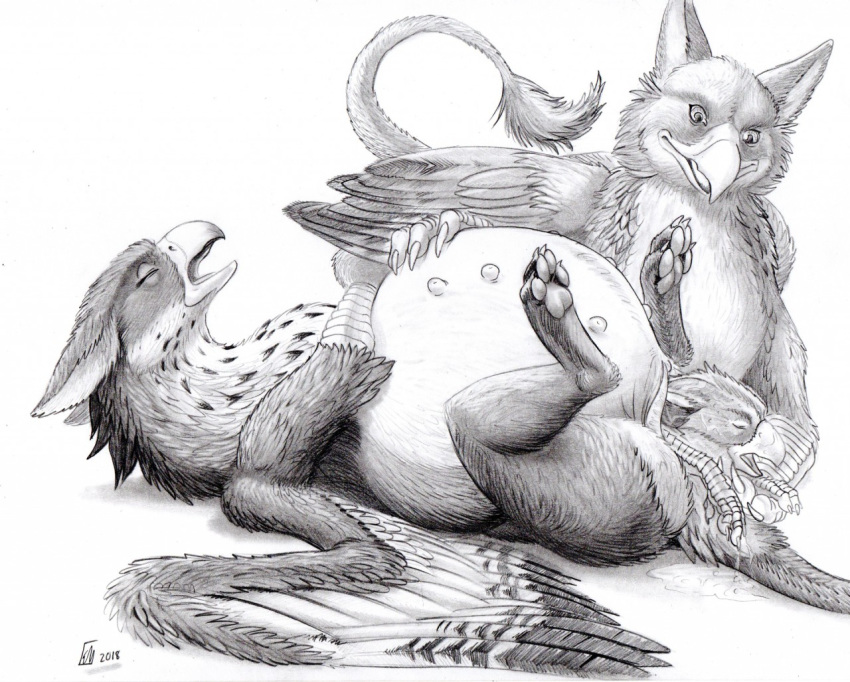 avian belly beuwens-folder bhaskara big_belly birth bloated bodily_fluids breasts duo feathered_wings feathers female feral genital_fluids genitals gryphon hyper kalenai male male/female monochrome mythological_avian mythology nipples pregnant pussy simple_background swollen tail_tuft teats tuft wings