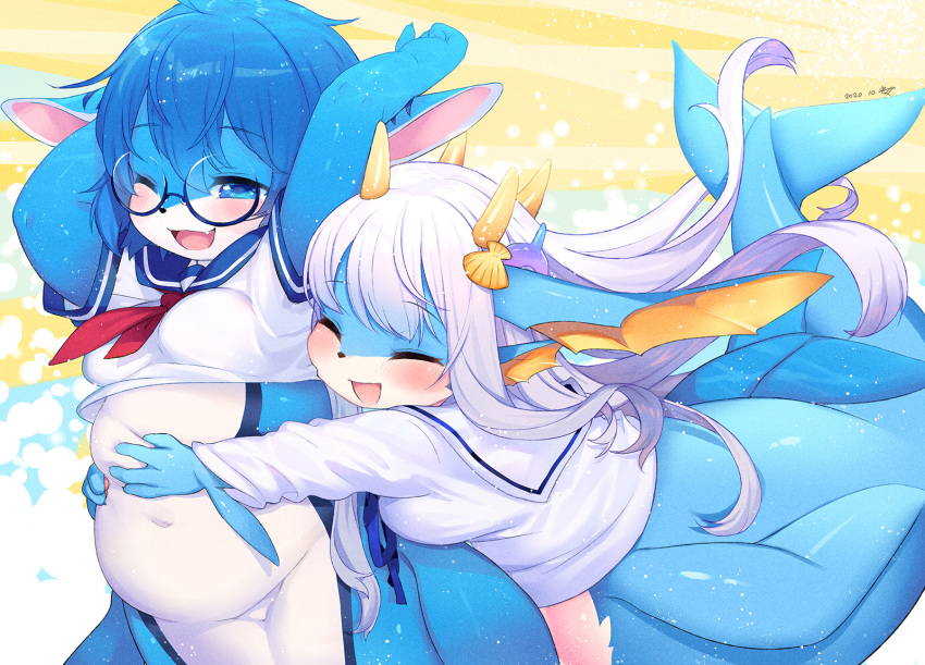 abstract_background accessory anthro belly_grab black_nose blue_body blue_eyes blue_hair blue_skin blush bottomless breasts clothed clothing cute_fangs duo ear_fins eyes_closed eyewear featureless_crotch female fin glasses glistening glistening_body glistening_skin hair hair_accessory hi_res horn hug hugging_from_behind hybrid kemono kishibe long_hair mammal marine medium_breasts merfolk monotone_hair multicolored_body multicolored_skin navel one_eye_closed open_mouth open_smile raised_arm school_uniform seashell shell shirt short_hair slightly_chubby smile tail_fin topwear two_tone_body two_tone_skin uniform white_body white_clothing white_hair white_shirt white_skin white_topwear