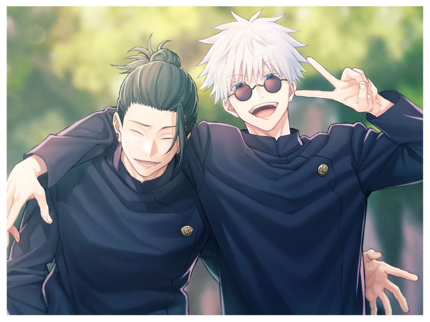 2boys :d arm_around_shoulder black_hair black_jacket blue_eyes border closed_eyes day ear_piercing gakuran getou_suguru gojou_satoru hair_between_eyes hair_bun hair_pulled_back hand_up highres jacket jujutsu_kaisen long_sleeves looking_at_viewer male_focus multiple_boys open_mouth outdoors piercing protected_link round_eyewear school_uniform short_hair single_hair_bun smile sunglasses teeth tsuu_(tu-3) upper_body upper_teeth_only v white_border white_hair