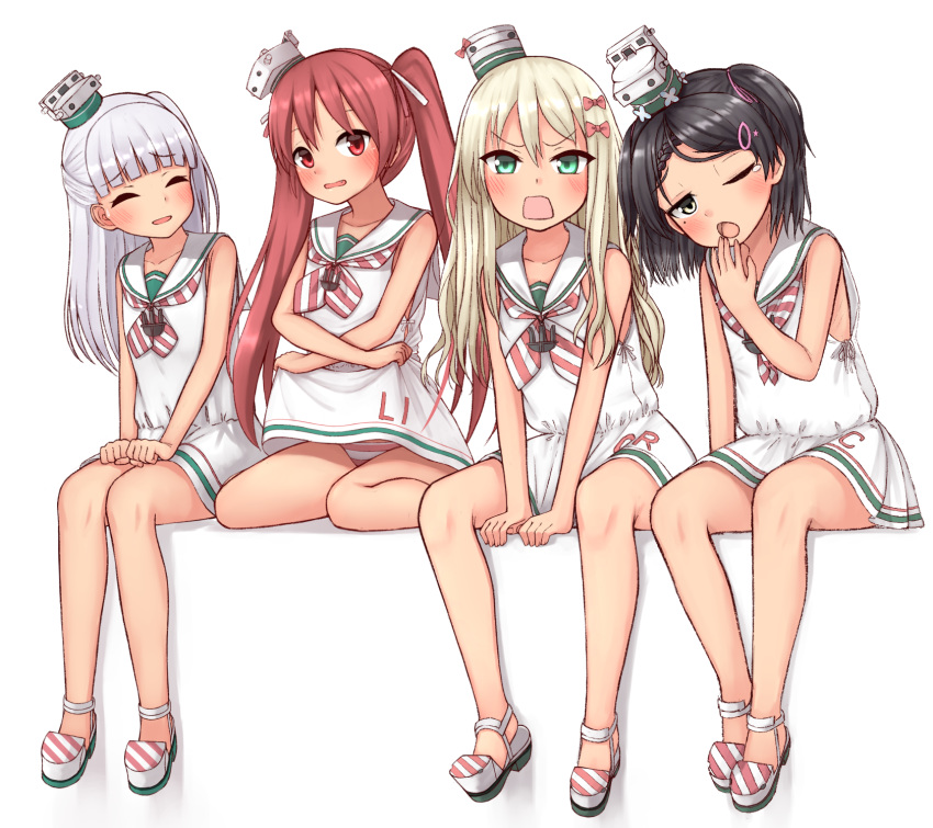 4girls ;o bangs bare_arms bare_legs bare_shoulders black_hair blunt_bangs blush bow covering_mouth dress dress_lift eyebrows_visible_through_hair grecale_(kantai_collection) green_eyes hair_bow hair_ornament hair_ribbon hairclip highres kantai_collection libeccio_(kantai_collection) lifted_by_self long_hair looking_at_viewer maestrale_(kantai_collection) mole mole_under_eye multiple_girls neckerchief one_eye_closed open_mouth panties pink_bow pink_ribbon red_eyes red_hair ribbon sailor_dress scirocco_(kantai_collection) short_hair silver_hair simple_background sitting sleeveless sleeveless_dress striped striped_footwear striped_neckwear striped_panties tears tiemu_(man190) twintails two_side_up underwear v-shaped_eyebrows wariza white_background white_dress white_headwear yawning yellow_eyes