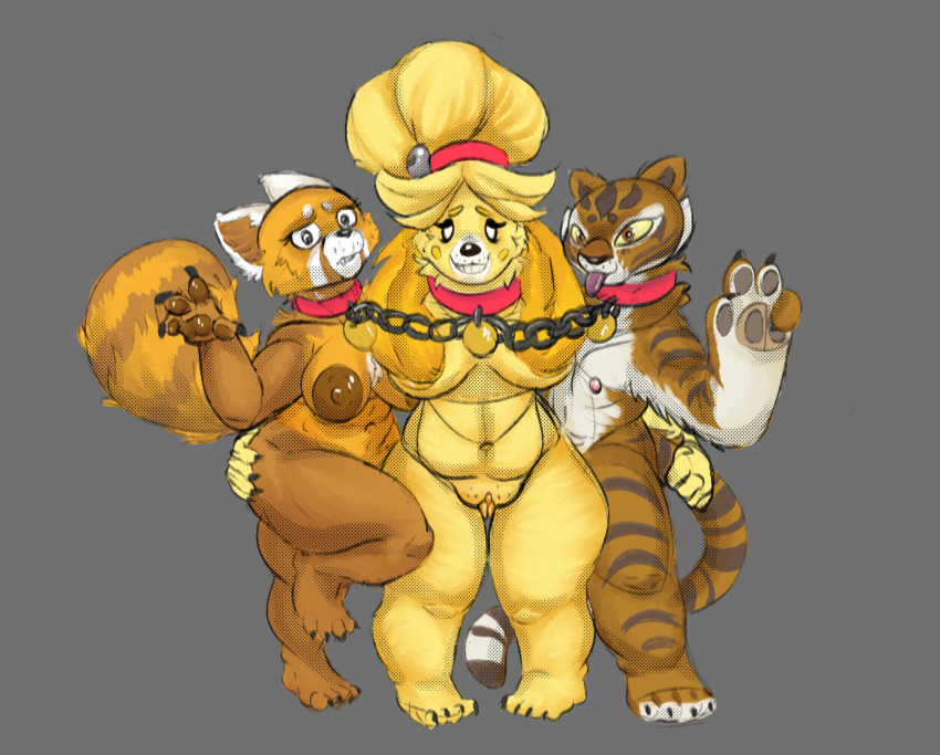 absurd_res aggressive_retsuko ailurid animal_crossing anthro bdsm breasts canid canine canis clitoris collar collar_to_collar domestic_dog dreamworks felid female female/female flat_chested genitals grin groping_butt group hand_on_butt hi_res isabelle_(animal_crossing) kentuckiyucki kung_fu_panda long_ears mammal master_tigress navel nintendo nipples pantherine pawpads paws peace_symbol petplay pussy red_panda roleplay sanrio short_stack smile tail_grab thick_thighs tiger tongue tongue_out video_games