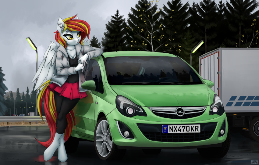 absurd_res anthro autumn car clothing diamond_(disambiguation) equid equine female hasbro hi_res horse looking_at_another mammal my_little_pony opel pegasus pony pony-way solo sun vehicle wings