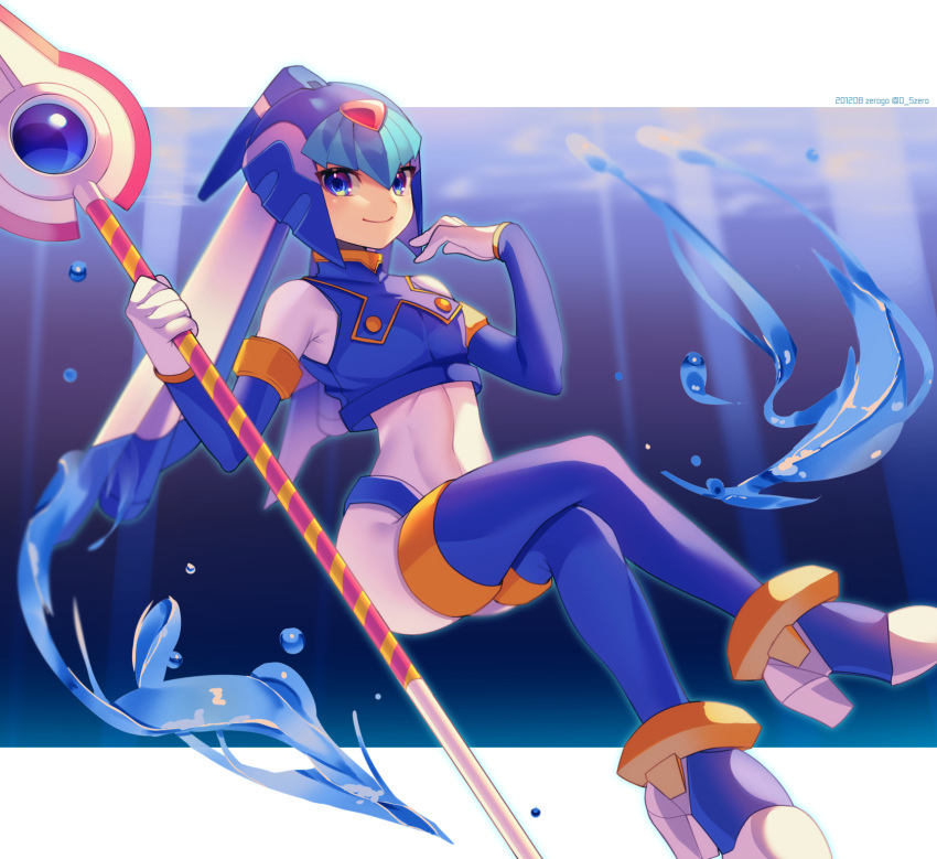 1girl android blue_eyes bodysuit boots breasts capcom crossed_legs helmet high_heels highres holding holding_weapon leviathan_(rockman) polearm rockman rockman_zero smile solo spear thigh_boots thighhighs water weapon zero-go