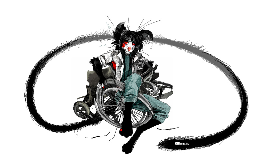 anthro barefoot black_body black_fur black_hair clothed clothing detailed digital_drawing_(artwork) digital_media_(artwork) domestic_cat felid feline felis fluffy fluffy_ears fluffy_hair fur hair inner_ear_fluff jeffusherb long_ears long_tail looking_at_viewer lying machine male mammal multicolored_body multicolored_fur on_back paws pixel_(artwork) red_body red_fur simple_background solo tuft wheel wheelchair whiskers white_background white_body white_fur
