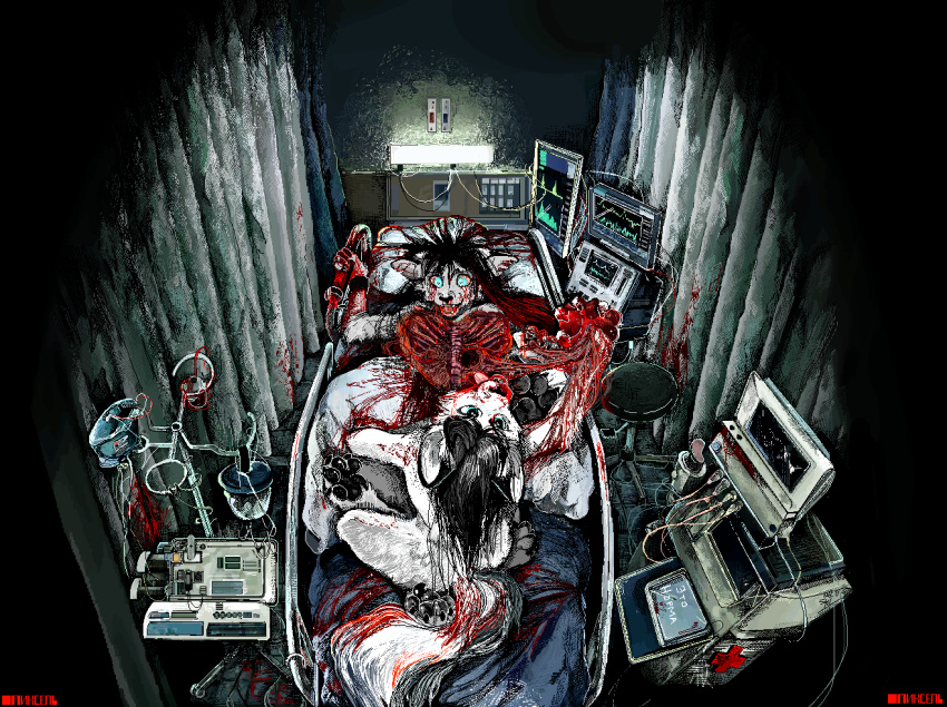 &lt;3 anthro bed black_hair blood blood_splatter bodily_fluids bone bound chair computer cross cuffs_(disambiguation) death detailed detailed_background digital_drawing_(artwork) digital_media_(artwork) domestic_cat duo felid feline felis female fur furniture gore grimdark hair heart_(organ) holding_object hospital hospital_bed inner_ear_fluff intravenous_drip jeffusherb looking_at_another looking_up lying machine male mammal medical monotone_body monotone_fur monotone_hair nude on_back on_bed organs pawpads paws pillow pipe pixel_(artwork) ribs screen sitting text tuft violence white_body white_fur wire