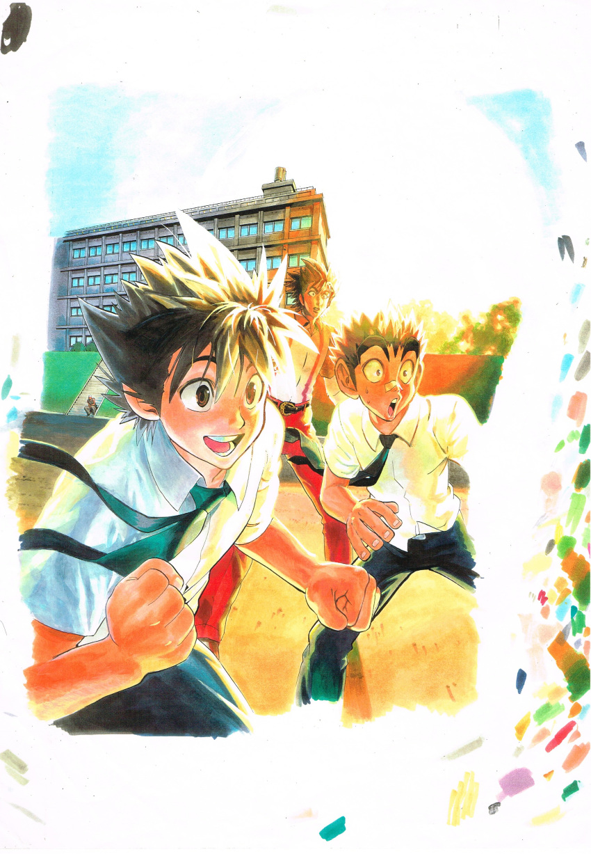 3boys :d :o absurdres bandaid bandaid_on_nose black_pants building character_request clenched_hand eyeshield_21 fingernails floating_necktie highres kobayakawa_sena male_focus multiple_boys murata_yuusuke necktie official_art open_mouth pants red_pants round_teeth scan school school_uniform shirt smile spiked_hair teeth traditional_media watercolor_(medium) white_shirt wide-eyed