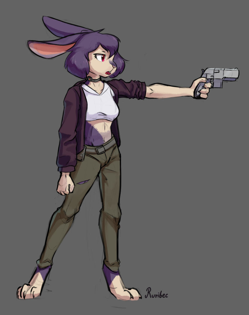 2020 anthro bottomwear clothed clothing crop_top female fully_clothed fur ghost_in_the_shell grey_background gun hair hi_res holding_gun holding_object holding_weapon jacket lagomorph leporid major_motoko_kusanagi mammal midriff pants purple_body purple_fur purple_hair rabbit ranged_weapon ruribec shirt signature simple_background solo topwear weapon