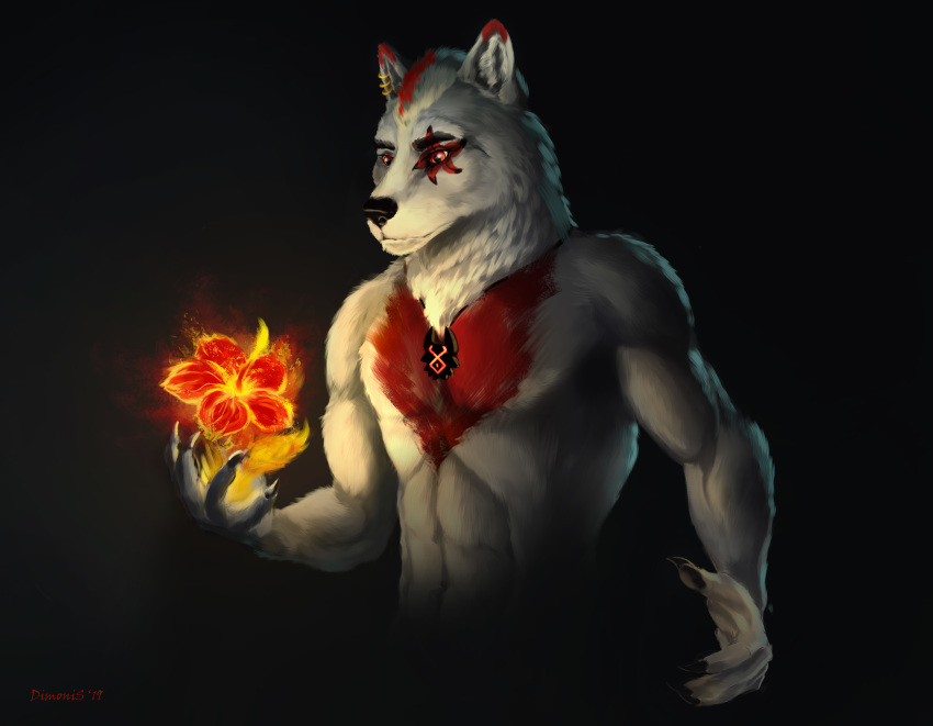 2019 absurd_res anthro athletic blossoms canid canine canis digital_media_(artwork) dimonis fire fur hi_res magic_user male mammal muscular nude runes shaman signature solo tattoo tribal_spellcaster watermark wolf