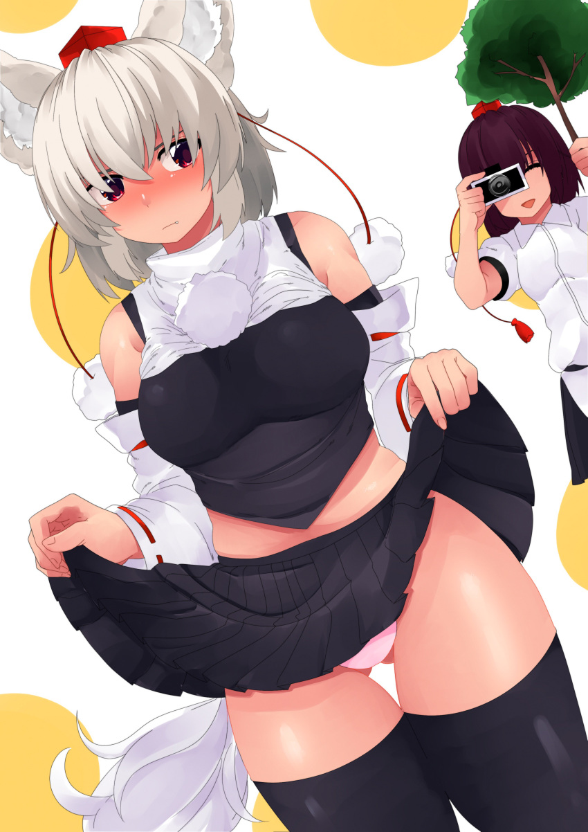 2girls absurdres animal_ears ass_visible_through_thighs bangs black_hair black_legwear black_shirt black_skirt blush camera closed_mouth commentary detached_sleeves fang frown hat highres holding holding_camera inubashiri_momiji lifted_by_self looking_at_viewer miniskirt multiple_girls open_mouth panties pleated_skirt pom_pom_(clothes) red_eyes red_headwear ribbon-trimmed_sleeves ribbon_trim shameimaru_aya shirokaba114 shirt short_hair short_sleeves silver_hair skirt skirt_lift sleeveless sleeveless_shirt smile standing tail taking_picture thigh_gap thighhighs tokin_hat touhou underwear white_panties white_shirt white_sleeves wolf_ears wolf_tail