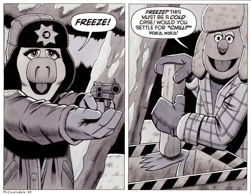 2020 4_fingers 4_toes amphibian anthro big_nose black_and_white border bruce_mccorkindale clothing comic crossover dialogue domestic_pig english_text eyelashes fargo female fingers forest fozzie_bear frog gloves greyscale group gun handgun handwear hat headgear headwear hi_res humor jacket kermit_the_frog log looking_at_viewer male mammal miss_piggy monochrome muppet muppets open_mouth parody police_officer police_uniform pun ranged_weapon revolver signature snout snow speech_bubble suid suina sus_(pig) sweater text the_muppet_show toes topwear tree uniform ursid ushanka weapon white_border wood woodchipper zipper