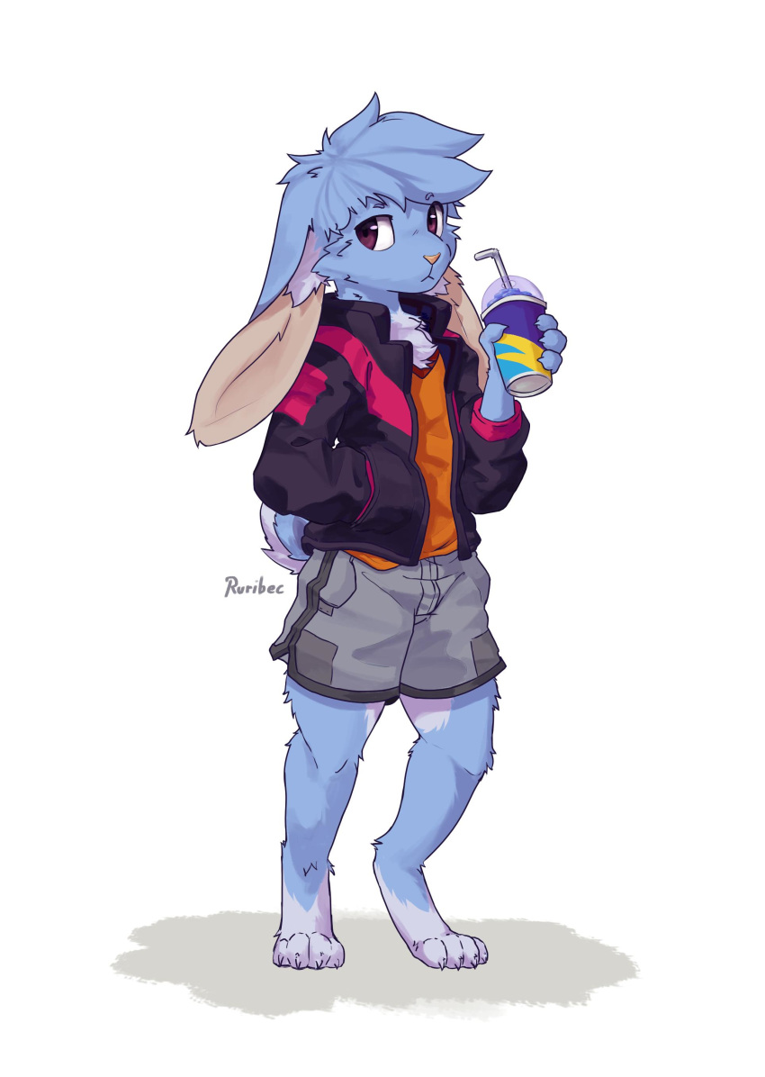 2019 absurd_res anthro barefoot blue_body blue_fur bottomwear cheek_tuft chest_tuft clothed clothing cup facial_tuft full-length_portrait fully_clothed fur head_tuft hi_res holding_cup holding_object jacket lagomorph leporid male mammal portrait rabbit ruribec shirt shorts signature simple_background solo standing topwear tuft white_background