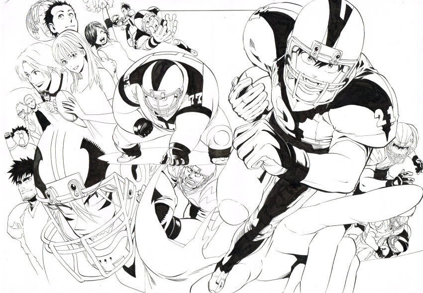 2girls 6+boys :d ^_^ absurdres ball beard character_request cheerleader closed_eyes closed_mouth eyeshield_21 facial_hair fat football football_(object) football_helmet football_uniform gloves greyscale grin helmet highres holding holding_ball inset kobayakawa_sena looking_at_viewer monochrome multiple_boys multiple_girls murata_yuusuke official_art open_mouth pants pointing projected_inset running sanpaku scan sharp_teeth shirt shoulder_pads smile sportswear teeth traditional_media