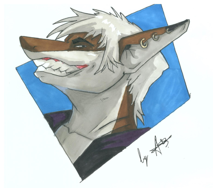 animal_humanoid anthro brown_body brown_skin colorful colorful_background ear_piercing fish fish_humanoid grey_hair grin hair head_only hi_res humanoid male marine marine_humanoid piercing shark shark_humanoid smile solo teeth_showing traditional_drawing_(artwork)