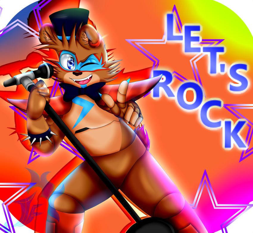 anthro blue_bow_tie blue_eyes blue_fingernails bodypaint bow_tie clothing colorful colorful_background cute_face cute_fangs ear_piercing english_text face_paint five_nights_at_freddy's five_nights_at_freddy's:_security_breach fluffy_ears fur gesture glamrock_freddy_(fnaf) glistening glistening_eyes grin hair hat headgear headwear hi_res humanoid jflare205 machine male mammal multicolored_body multicolored_fur one_eye_closed open_mouth piercing pointing pointing_at_viewer red_earring robot robot_humanoid shoulder_guards smile solo spiked_tail spikes spikes_(anatomy) spiky_hair text top_hat two_tone_body two_tone_fur ursid ursine video_games wink