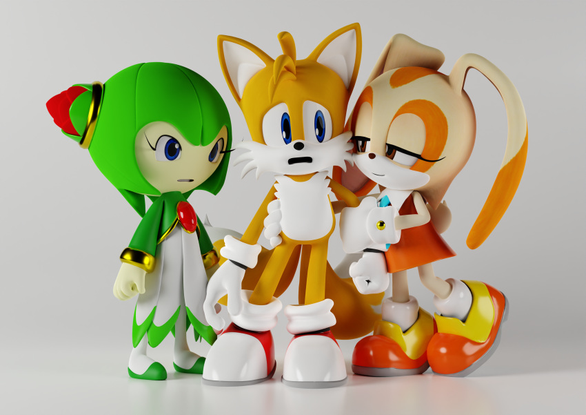 3d_(artwork) absurd_res anthro blender_(software) blue_eyes canid canine clothing cosmo_the_seedrian cream_the_rabbit digital_media_(artwork) female footwear fox green_eyes group hi_res lagomorph leporid male mammal miles_prower plantigrade rabbit shoes smpthehedgehog sonic_the_hedgehog_(series) sonic_x young