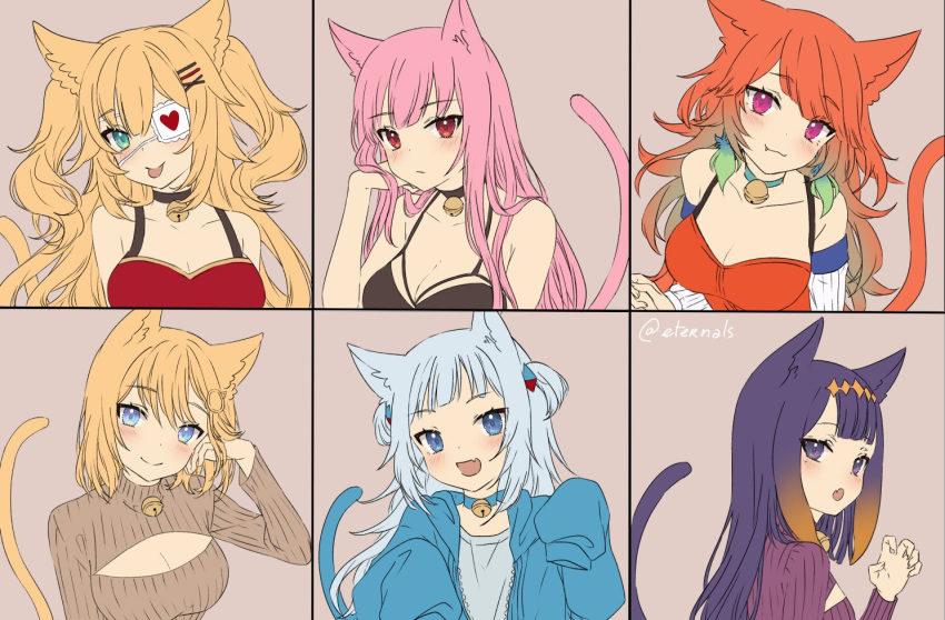 6+girls akai_haato alternate_costume animal_ear_fluff animal_ears artist_name bangs bell bell_choker black_hair blonde_hair blue_hair blue_hoodie blunt_bangs breasts brown_sweater cat_ears cat_tail choker claw_pose cleavage cleavage_cutout clothing_cutout english_commentary eyepatch fang gawr_gura hand_in_hair hololive hololive_english hood hoodie kemonomimi_mode large_breasts looking_at_viewer medium_breasts mole mole_under_eye mori_calliope multiple_girls ninomae_ina'nis one_eye_covered open_mouth orange_hair pink_eyes pink_hair purple_sweater red_eyes ribbed_sweater short_hair sleeves_past_fingers sleeves_past_wrists sweater tail takanashi_kiara ten-chan_(eternal_s) two_side_up virtual_youtuber watson_amelia