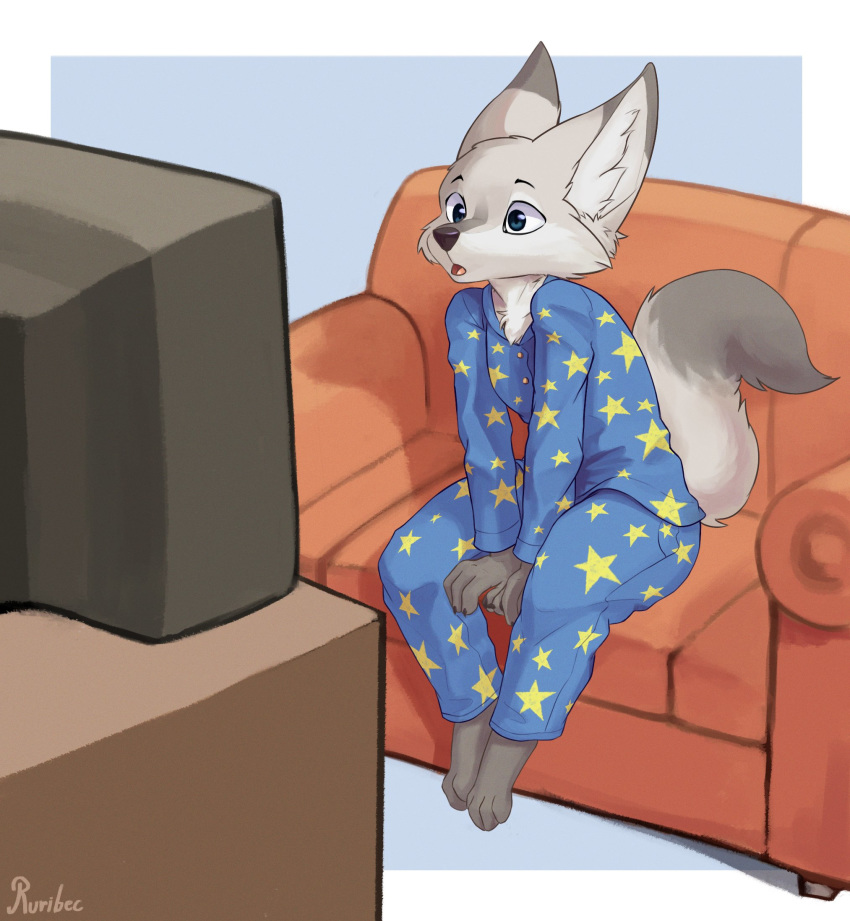 2020 anthro barefoot big_ears canid canine clothed clothing dipstick_ears fox fully_clothed fur grey_body grey_fur hi_res inner_ear_fluff mammal multicolored_ears open_mouth pajamas ruribec signature sitting solo tuft watching_tv