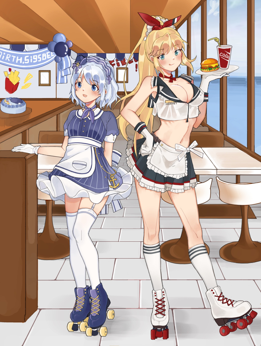 2girls :d :q absurdres anchor_symbol apron balloon bangs bare_shoulders birthday_cake birthday_party blonde_hair blue_dress blue_eyes blue_headwear blue_neckwear blush breasts cake ceiling chair chinese_commentary cleavage cola collarbone commentary_request crop_top cup day diner disposable_cup dress drinking_straw eyebrows_visible_through_hair food frilled_apron frilled_dress frilled_hairband frilled_skirt frills full_body garter_straps gloves grey_skirt hair_tie hairband hamburger hand_on_hip hand_up hat highres holding holding_tray hornet_(warship_girls_r) indoors kneehighs lanyue long_hair looking_at_viewer looking_to_the_side medium_breasts midriff mini_hat multiple_girls navel neckerchief open_mouth pleated_skirt ponytail puffy_short_sleeves puffy_sleeves red_neckwear restaurant roller_skates shadow shirt short_sleeves sidelocks sigsbee_(warship_girls_r) silver_hair skates skindentation skirt sleeveless sleeveless_shirt smile standing standing_on_one_leg swept_bangs table thighhighs tilted_headwear tongue tongue_out tray waist_apron waitress warship_girls_r white_apron white_gloves white_shirt window