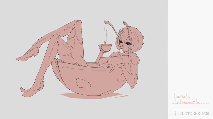 16:9 2020 anthro arthropod beetle breasts cucujoid cup female hi_res humanoid humanoid_hands insect ladybug ladybug_humanoid micro nipples non-mammal_breasts nude reclining restricted_palette simple_background solo tail_box tea_cup white_background widescreen