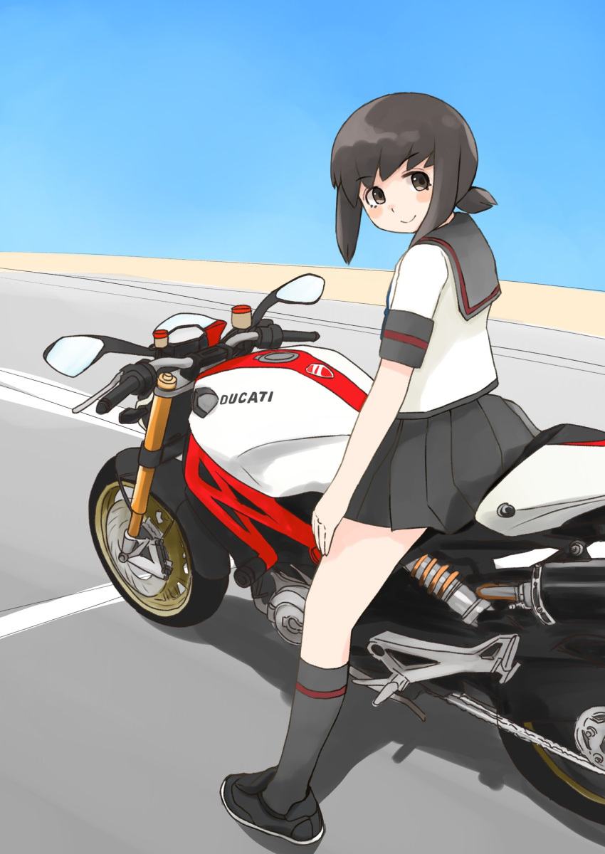 1girl black_hair black_sailor_collar black_skirt brown_eyes ducati from_side fubuki_(kantai_collection) ground_vehicle highres kantai_collection looking_at_viewer low_ponytail motor_vehicle motorcycle pleated_skirt ponytail remodel_(kantai_collection) riding sailor_collar school_uniform serafuku short_ponytail short_sleeves sidelocks skirt smile solo toplow