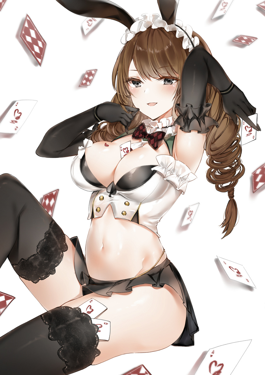1girl :d absurdres ace_of_hearts animal_ears arm_behind_head armpits azur_lane bangs between_breasts bikini black_bikini black_legwear black_skirt blue_eyes blush bow bowtie breast_tattoo breasts brown_hair bunny_ears card card_background card_between_breasts choker cleavage commentary cowboy_shot crop_top dead_or_alive dead_or_alive_xtreme drill_hair eyebrows_visible_through_hair fake_animal_ears frilled_choker frilled_gloves frilled_hairband frills gloves groin hairband heart heart_tattoo highleg highleg_bikini highres holding holding_card knee_up large_breasts long_hair looking_at_viewer midriff miniskirt monica_(doa) navel open_mouth playing_card sidelocks simple_background sitting skindentation skirt smile solo swimsuit tattoo thighhighs twin_drills white_background yukineko1018