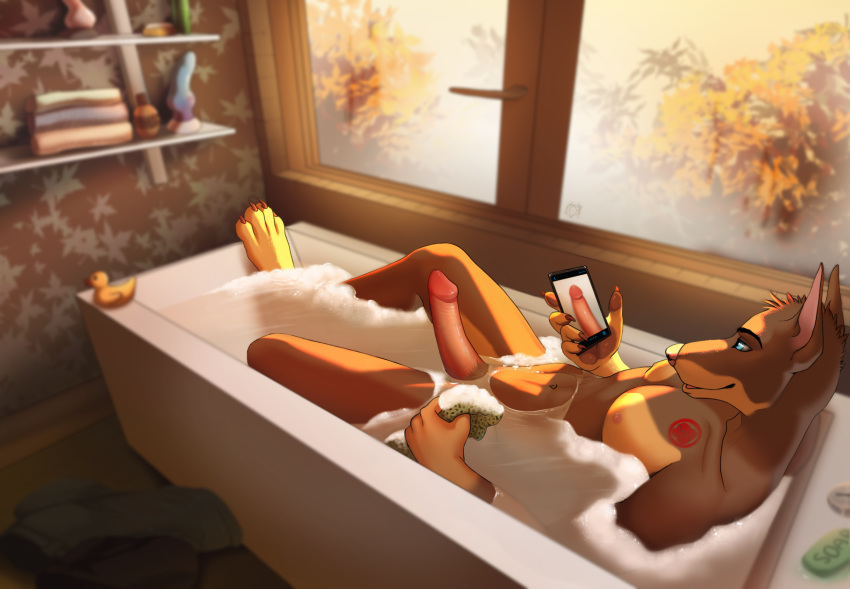 2019 4_toes 5_fingers anthro autumn bath bathing bathroom bathtub brown_body brown_fur canid canine canis cellphone chest_tattoo claws clothing dick_pic digital_media_(artwork) discarded_clothing dobermann domestic_dog erection fingers fur genitals hi_res holding_object holding_phone incense-sw inside jamie_(klausd) loofah looking_at_object looking_at_phone male mammal multicolored_body multicolored_fur navel nipples nude partially_submerged pawpads paws pecs penis phone pinscher relaxing shelf smartphone solo taking_picture tattoo toe_claws toes tree two_tone_body two_tone_fur water window