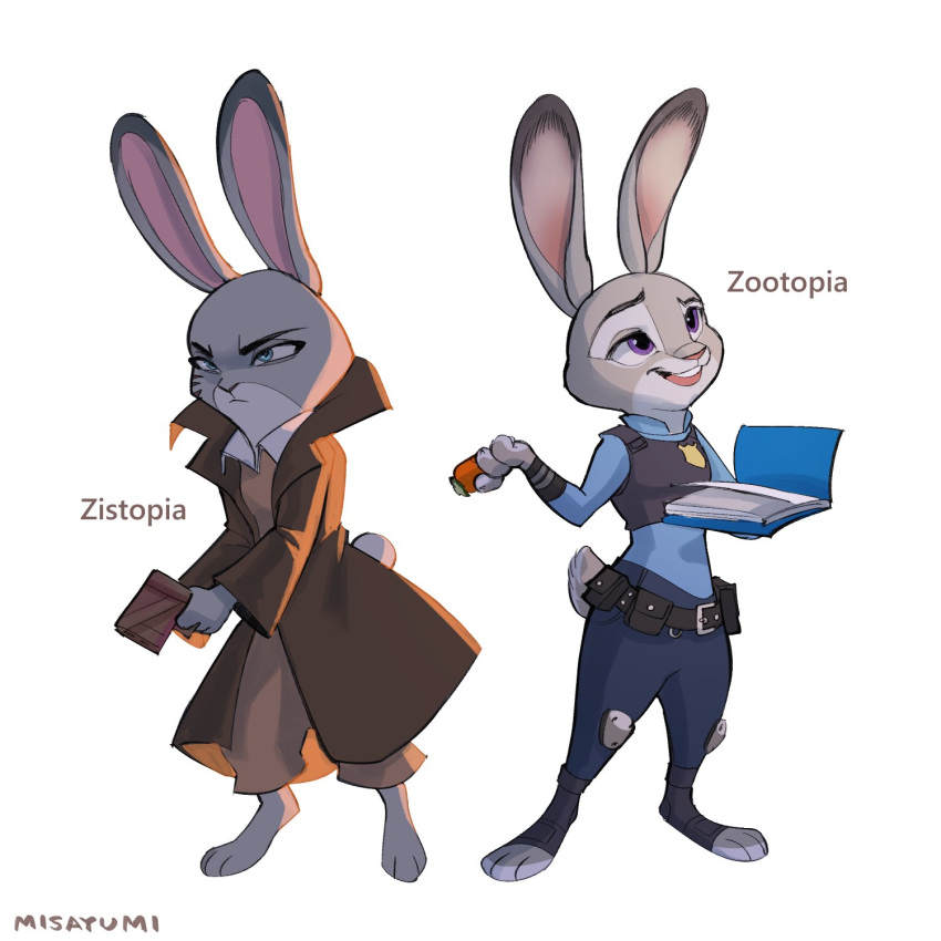 1:1 2020 anthro barefoot belt carrot_pen clothed clothing coat dipstick_ears disney fully_clothed fur grey_body grey_fur hi_res holding_object judy_hopps lagomorph leporid mammal misayumeow multicolored_ears open_mouth open_smile police_uniform purple_eyes rabbit simple_background smile standing topwear uniform white_background zistopia zootopia