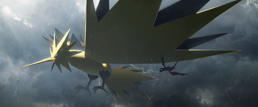 1other absurdres aerodactyl asteroid_ill bird black_eyes claws cloud cloudy_sky commentary_request day flying from_side full_body gen_1_pokemon giant highres legendary_pokemon light_rays lightning open_mouth outdoors pokemon pokemon_(creature) rain sky solo_focus storm sunlight zapdos