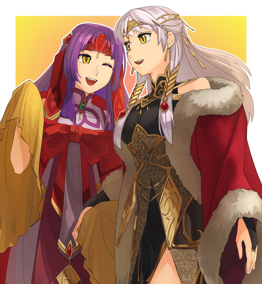 2girls :d ;d a_(user_vtsy8742) bangle black_dress black_gloves bracelet bridal_gauntlets circlet coat dress fire_emblem fire_emblem:_radiant_dawn fire_emblem_cipher gloves half_updo headband highres hime_cut jewelry long_hair long_sleeves micaiah_(fire_emblem) multiple_girls official_alternate_costume one_eye_closed open_mouth purple_hair red_coat sanaki_kirsch_altina side_slit silver_hair sleeveless sleeveless_dress smile teeth turtleneck_dress yellow_eyes