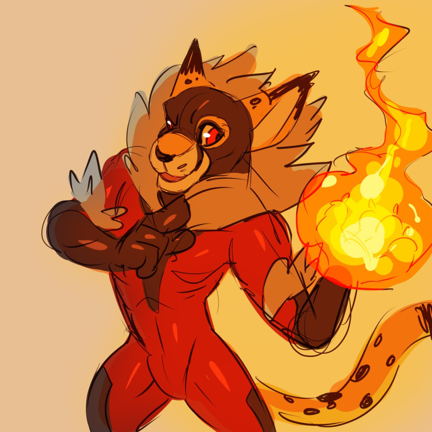 1:1 2019 4_fingers anthro black_nose bodysuit bulge cheetah claws clothed clothing costume digital_drawing_(artwork) digital_media_(artwork) elemental_manipulation felid feline fingers fire fire_manipulation fur gamblepaws glistening gradient_background hi_res male mammal multicolored_body multicolored_fur pyre_(gamblepaws) red_eyes rubber simple_background skinsuit smile solo spots spotted_body spotted_fur standing superhero superhero_costume tight_clothing white_body white_fur yellow_body yellow_fur