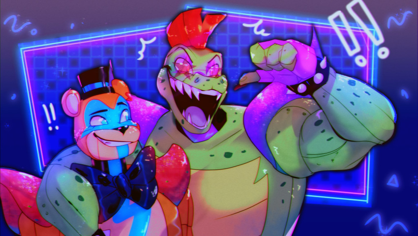 ! 2020 abstract_background alligator alligatorid animatronic anthro barazoku biceps black_eyebrows blue_background blue_body bodypaint bow_tie bracelet claws close-up clothing crocodilian duo eyebrows eyewear face_paint fangs five_nights_at_freddy's five_nights_at_freddy's:_security_breach gesture glamrock_freddy_(fnaf) glasses gloves green_body green_nose hair handwear hat headgear headwear hi_res jewelry larahhhhhhish looking_aside looking_away machine male mammal manly mohawk_(hairstyle) montgomery_gator_(fnaf) multicolored_body muscular muscular_anthro muscular_male open_mouth orange_body orange_ears pointing pointing_at_self portrait purple_background purple_tongue raised_arm red_hair reptile robot rockstar round_ears scalie sharp_teeth short_hair simple_background size_difference smile smirk spiked_bracelet spikes standing star star_glasses tan_body tan_ears teeth tongue top_hat triceps ursid video_games yellow_body yellow_eyes