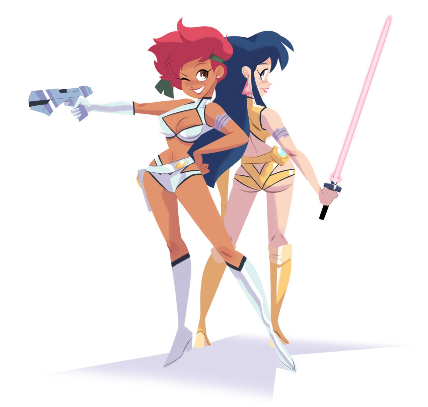 2girls back-to-back blue_hair boots breasts brown_eyes cleavage_cutout clothing_cutout dirty_pair energy_sword english_commentary gun highres holding holding_gun holding_sword holding_weapon kei_(dirty_pair) looking_at_viewer looking_back medium_breasts multiple_girls navel nick_swift one_eye_closed parted_lips red_hair short_hair smile sword weapon white_footwear wide_hips yellow_footwear yuri_(dirty_pair)