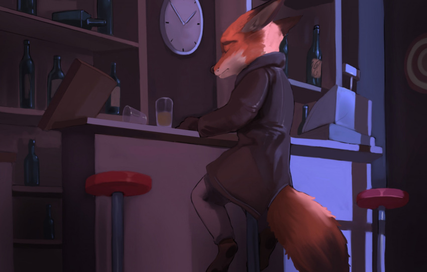 2020 anthro barstool bottle bottomwear canid canine clothed clothing coat cup dipstick_ears dipstick_tail disney eyes_closed fox fully_clothed fur korwuarts light lighting male mammal multicolored_ears multicolored_tail nick_wilde orange_body orange_fur pants red_fox sitting solo topwear zootopia