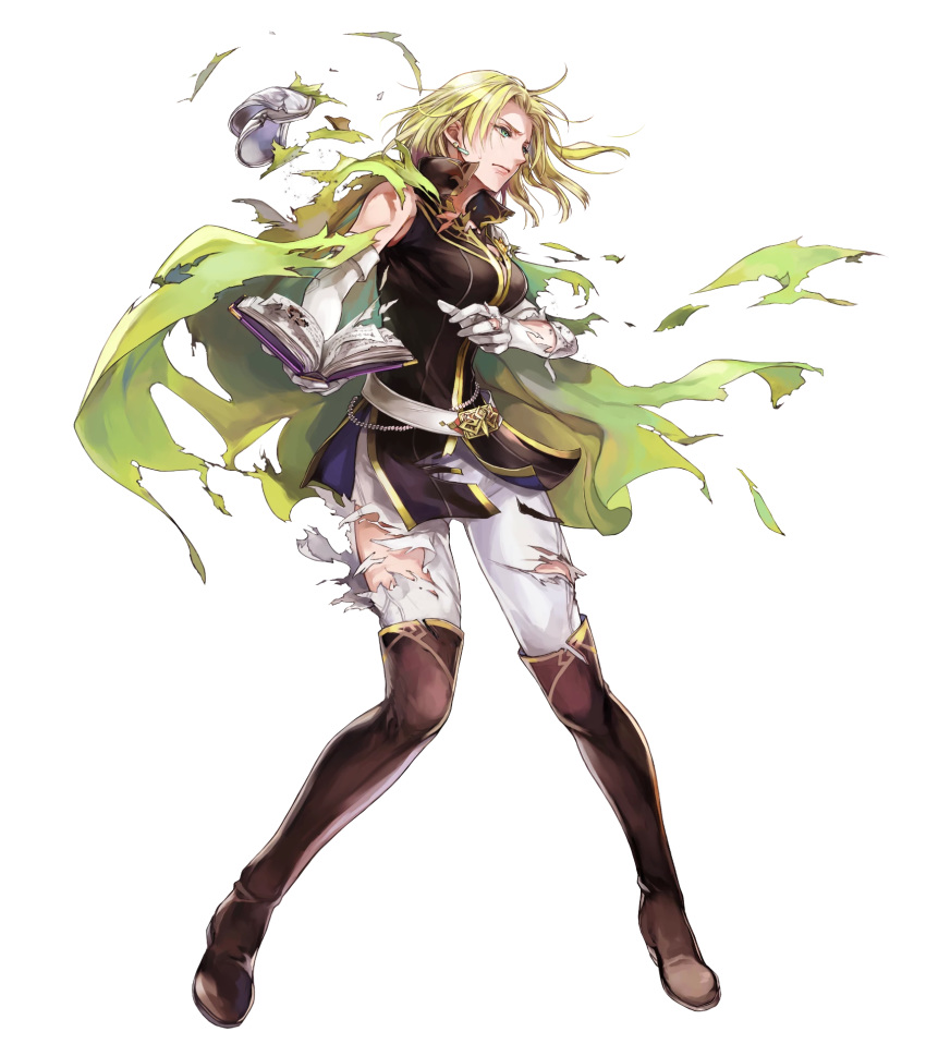 1girl bangs belt blonde_hair blue_eyes book boots breasts cape celina_(fire_emblem) cleavage closed_mouth earrings elbow_gloves fire_emblem fire_emblem:_the_sacred_stones fire_emblem_heroes full_body gloves highres holding holding_book jewelry long_hair looking_away medium_breasts official_art open_book pants sleeveless solo thigh_boots thighhighs torn_cape torn_clothes torn_gloves torn_pants transparent_background wada_sachiko white_gloves white_pants