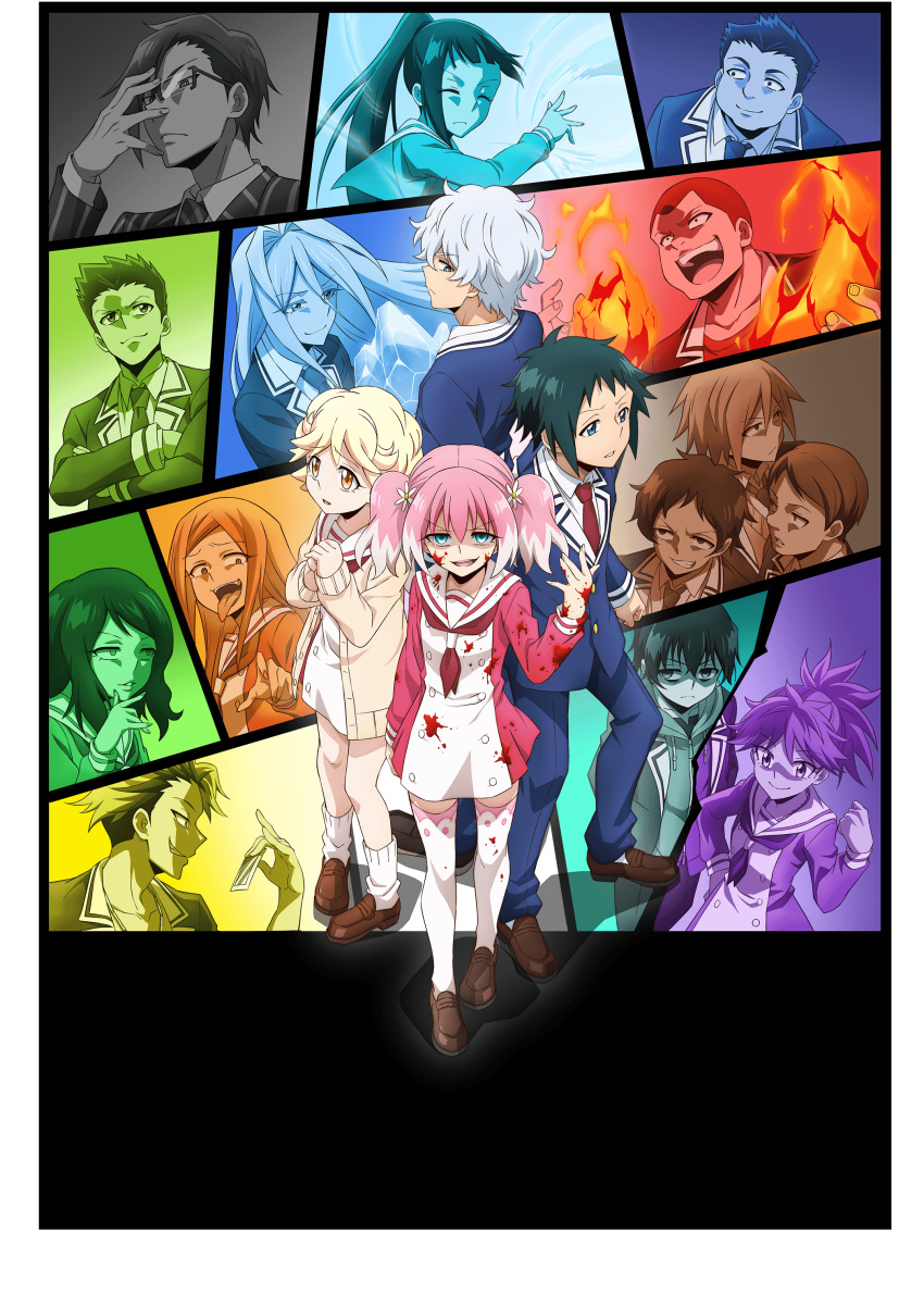 6+boys 6+girls absurdres adjusting_eyewear black_hair blonde_hair blood blood_on_face blood_splatter bloody_clothes blue_eyes brown_eyes crossed_arms dress everyone evil_grin evil_smile flower full_body glasses grin habu_kirara hair_flower hair_ornament hatadaira_tsunekichi highres hiiragi_nana iijima_moguo inukai_michiru ishii_ryuji kazama_shinji_(munou_na_nana) key_visual kori_seiya loafers looking_afar looking_at_viewer looking_back loose_socks multiple_boys multiple_girls munou_na_nana nakajima_nanao necktie official_art onodera_kyouya open_mouth parted_lips pink_hair red_neckwear sailor_dress sasaki_yuuka_(munou_na_nana) school_uniform shibusawa_youhei shoes silver_hair smile sorano_fuko spoilers standing tachibana_jin takanashi_kaori thighhighs white_legwear