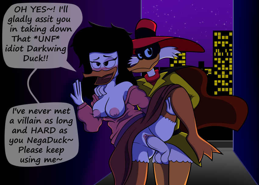 anatid anseriform anthro avian back_alley bianca_beakley bird city city_background darkwing_duck disney duck ducktales ducktales_(2017) duo english_text female hi_res male male/female marcodile negaduck penetration text vaginal vaginal_penetration