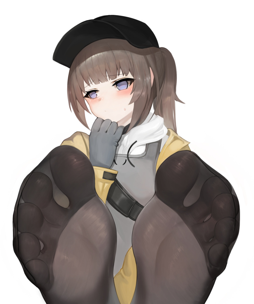 1girl bangs baseball_cap black_headwear blue_eyes blush brown_hair deele_(girls_frontline) dokomon feet foot_focus girls_frontline gloves grey_gloves hat highres long_hair long_sleeves no_shoes pantyhose simple_background soles solo toes tom_clancy's_the_division white_background